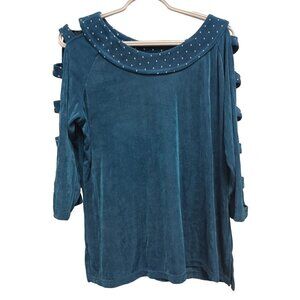 Citiknits Womens Top XL Blue White Polka Dot Trim Lattice Sleeve Slinky Casual